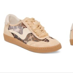 Dolce Vita Beige Leopard-Panel Ribbon Lace Sneaker with Tan Sole mesh